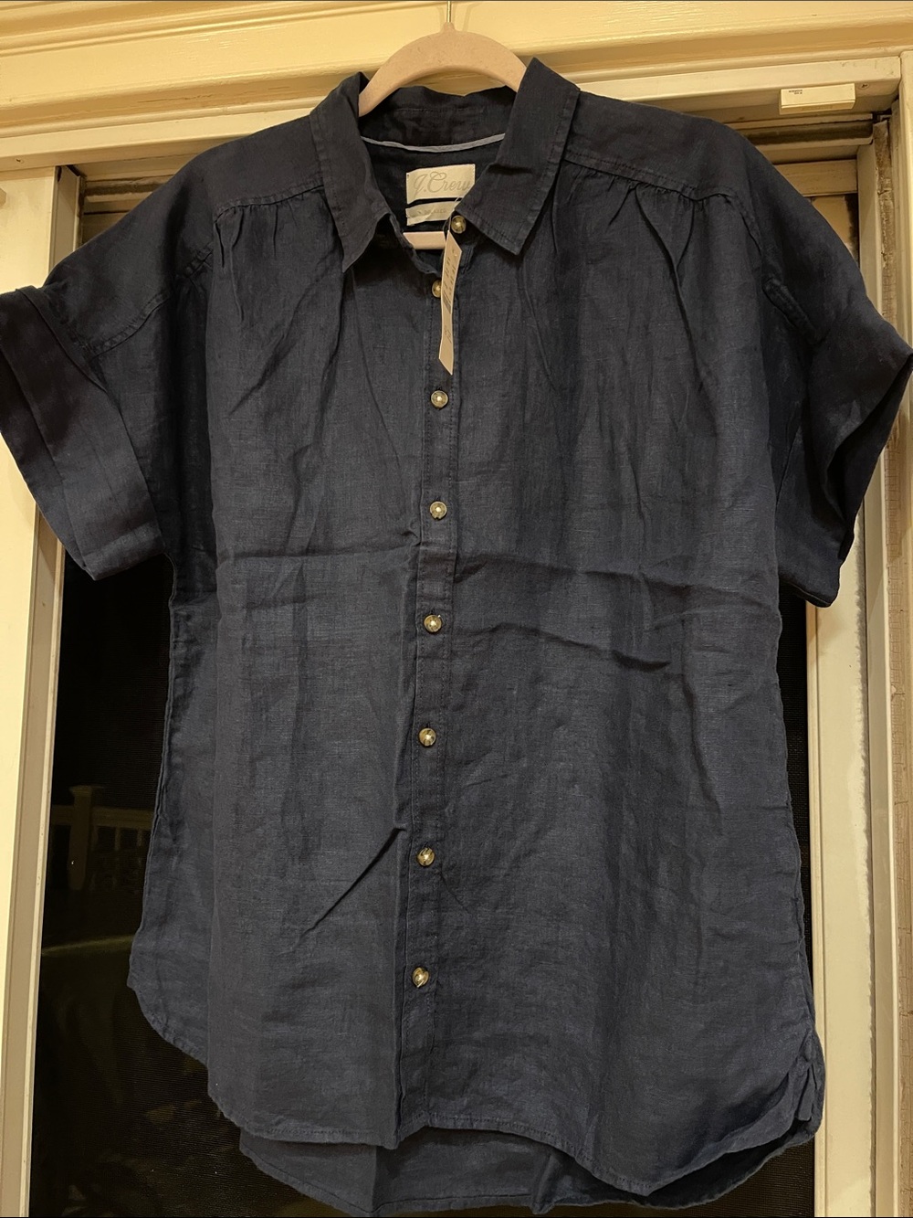 J. Crew Navy Short-Sleeve Button-Front Linen Shirt